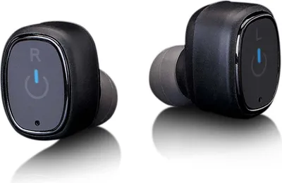 Two black wireless earbuds are shown against a white background.