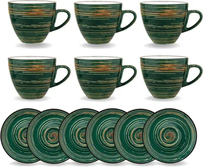 Image de Ensemble de 6 tasses avec soucoupes, 190 ml, couleur verte, en porcelaine, marque Wilmax