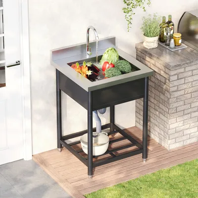 Produktbild von Freistehendes Spülbecken 60x60, Edelstahl, Wasserhahn, Abfluss, Ablage, Ein-Becken, für Küche/Garten/Werkstatt.