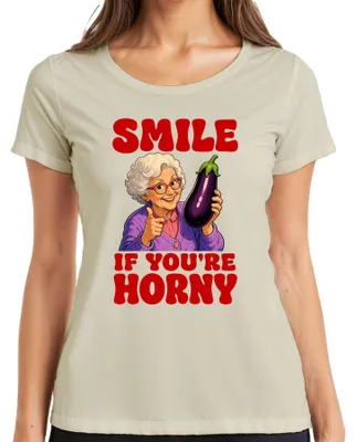 Immagine prodotto di Maglietta da donna con scritta "Sorridi se sei eccitata", design con melanzana, divertente, sarcastica, taglia S