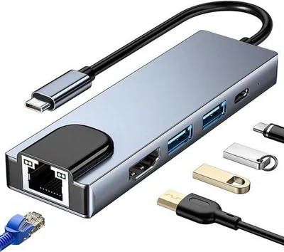 Zdjęcie produktu dla Wieloportowy adapter USB-C o konstrukcji 5 w 1 z wyjściem HDMI, portem Ethernet, portem USB 3.0/2.0 oraz funkcją ładowania PD o mocy 100 W, przeznaczony do MacBooka Pro/Air, iPada Pro, iMaca i wielu innych urządzeń.