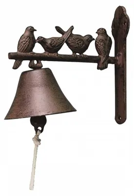 Image de Cloche rustique 4 oiseaux - L 21,8 x H 19,1 cm - Fonte, corde coton