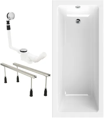 Produktbild von Calmwaters® Rechteck Badewannen-Set 170x75 cm mit Wannenfüßen & Ablaufgarnitur, EU, Acrylwanne Modern Square, Körperformwanne, Set Badewanne komplett, 170 x 75 cm, Weiß