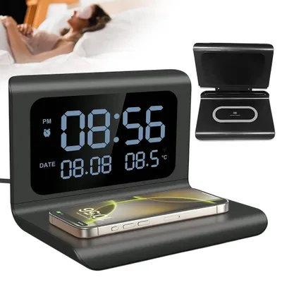 Produktbild von 4 In1 Digitaler Wecker, Wireless Charger, Intelligenter Wecker mit Großes Display und Temperaturanzeige, Schlafzimmer Nachttischwecker