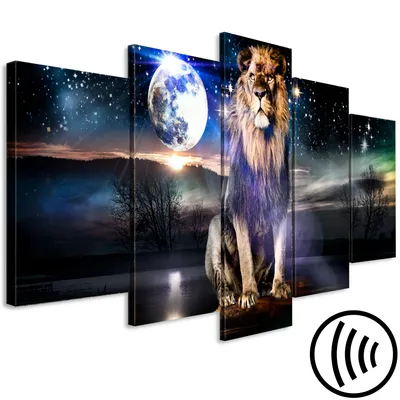 Image de Tableau acoustique Animaux 200 x 100 cm Tableaux Mousse acoustique Absorbeur acoustique haute performance Isolation acoustique Toile 5 pièces Tableau mural Acoustique intérieure Isolation acoustique Abstrait Lion Paysage Lune Étoiles g-C-0385-b-m