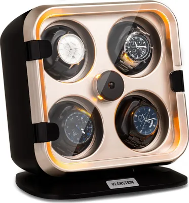 Produktbild von Klarstein Uhrenbeweger für Automatikuhren, Automatik-Uhrenbeweger für 4 Uhren, Automatikuhr Uhrenbeweger mit Acryl-Tür, Automatischer Uhrenbeweger, Blaue LEDs, Watch Winder Box mit 4 TPD Einstellungen
