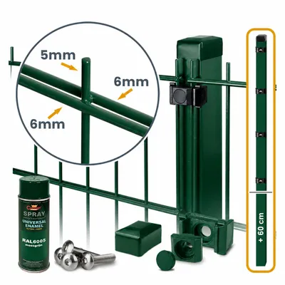Produktbild von ROYSSON® Doppelstabmattenzaun 6/5/6 Komplettset | 7,5 m Länge, 1830 mm + 600 mm Höhe, erweiterte Pfosten zum Einbetonieren – Grün, KI-generiertes Bild