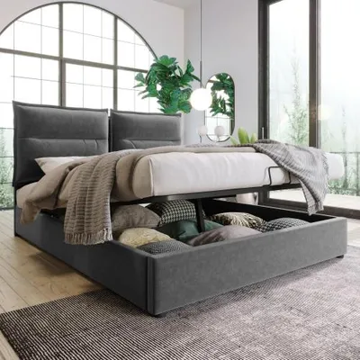 Produktbild von Modernes Samt-Doppelbett mit verstellbarem Kopfteil, großem Stauraum und stabilem Metallrahmen, Grau, 140x200 cm