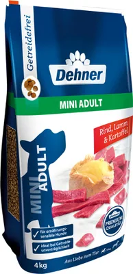 Produktbild von Dehner Premium Hundefutter, Trockenfutter getreidefrei, für ausgewachsene Hunde kleiner Rassen, Rind / Lamm / Kartoffel, 4 kg