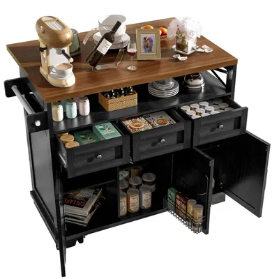 Image de Îlot de cuisine mobile avec roulettes et porte-serviettes, extensible, imitation bois, noir, 118x70x98 cm