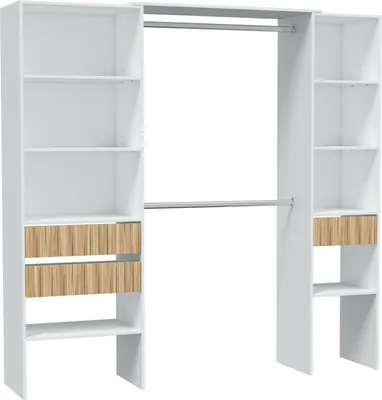 A white and oak wardrobe with shelves and a hanging rail, presented against a white background.