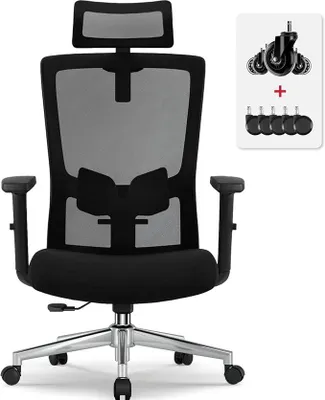 Imagen del producto de Silla de oficina ergonómica, con soporte lumbar ajustable, reposabrazos y reposacabezas. Silla giratoria para escritorio, silla de oficina con capacidad de hasta 150 kg, función de inclinación hasta 135°