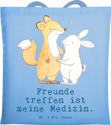 Produktbild von Mr. & Mrs. Panda Tote Bag Fuchs Hase Freunde treffen - Sky Blue - Geschenk, Laptoptasche, Uni Tasche, Jutebeutel, Schultasche
