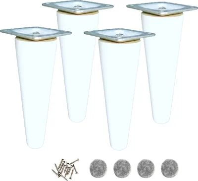 Four white tapered furniture legs with silver mounting plates are shown on a white background. A small pile of screws and four felt pads are also visible at the bottom of the image.