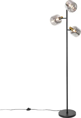 Produktbild von Qazqa Modern Stehleuchte, Stehlampe - Zuzanna - Schwarz mit Rauchglas, max. 25W, Geeignet für LED, 3-flammig, 160cm, Ideal als Wohnzimmerlampe
