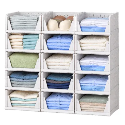 Produktbild von Deuline 15 x Schrank-Organizer klappbar, Kleiderschrank-Organizer stapelbar, ausziehbarer Korb, Aufbewahrung und Organisation, Kunststoff, Weiß 521162