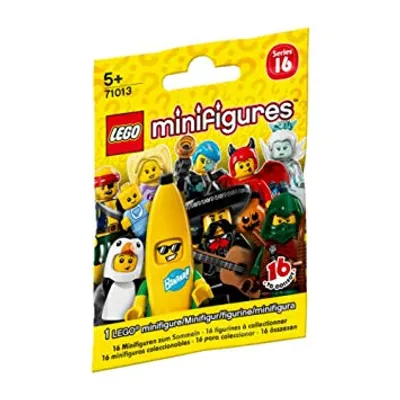A yellow bag containing LEGO minifigures.