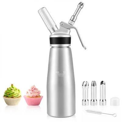 Sahnespender 500 ml, Aluminium, silber, mit 3 Düsen & Bürste