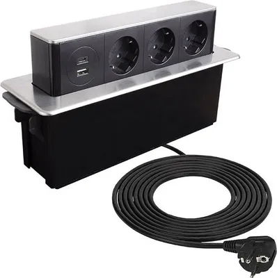 Produktbild von Einbausteckdose USB A/C Edelstahl 3-fach Tischsteckdose versenkbar