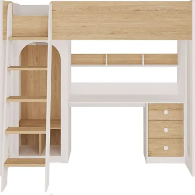 Produktbild von Hochbett 90 x 190 cm mit Kleiderschrank und Schreibtisch – Farbe: Natur und Weiß – ALVENOU