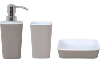 Produktbild von MSV Badezimmer Set, 3-teiliges Badzubehör aus Kunststoff, Seifenspender, Seifenschale und Zahnputzbecher Taupe