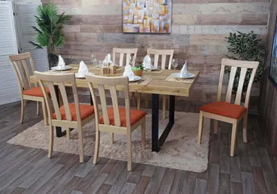 Produktbild von 6er-Set Esszimmerstuhl HWC-G46, Küchenstuhl Stuhl, Stoff/Textil Massiv-Holz  naturfarbenes Gestell, orange