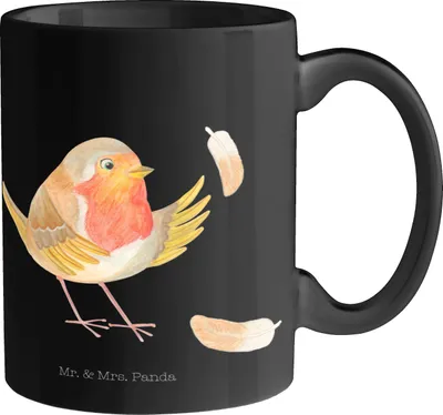Produktbild von Mr. & Mrs. Panda Tasse Rotkehlchen Federn - Schwarz - Geschenk, Becher, Kaffeetasse, Motivationsbilder, Motivation Sprüche, Spruch, Pott, Teetasse, Vogel, Keramiktasse