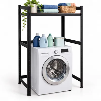 Produktbild von Relaxdays Waschmaschinenregal, HxBxT: 120 x 90 x 60 cm, 1 Boden, 200 kg, Stahl, MDF, Stecksystem, Regal, schwarz/braun, KI-generiertes Bild
