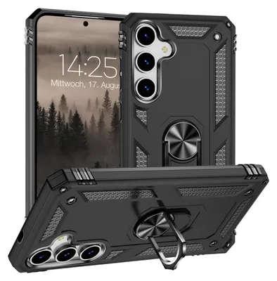 A black rugged phone case with a ring holder is displayed from multiple angles, with a phone screen showing a forest scene and time.