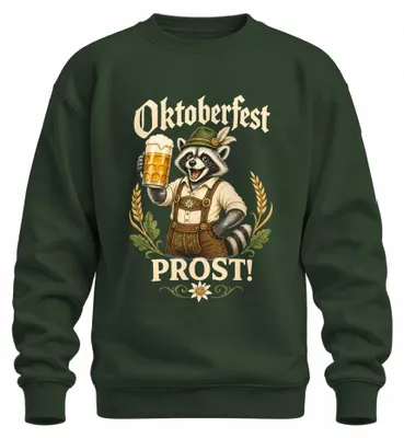 Productafbeelding van , PROST, wasbeerprint, leren broek, traditioneel shirt, dirndl, sweatshirt, trui, flessengroen, maat 3XL