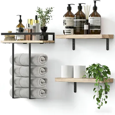 Image de Porte-serviettes mural - Noir Étagère à serviettes de salle de bain Porte-serviettes en métal avec tablette en bois, ensemble de porte-serviettes pour invités comprenant deux étagères murales de salle de bain