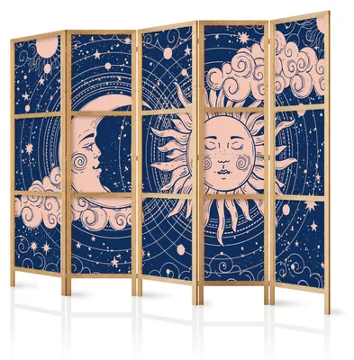 Immagine prodotto di Pannello divisorio giapponese, 5 ante, pieghevole, realizzato in tessuto non tessuto di alta qualità, motivo: sole, luna, nuvole, ideale per la camera da letto, dimensioni: 225 cm x 172 cm