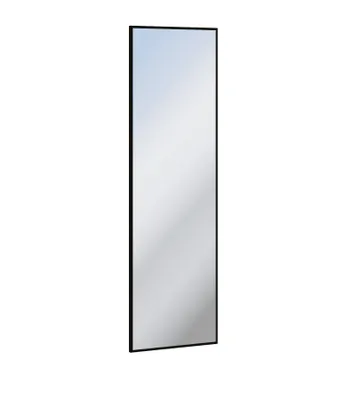 A tall, rectangular mirror with a black frame against a white background.