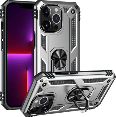Produktbild von Schutzhülle für iPhone 13 Pro, Dual Layer Militäre Fallschutz Hülle mit Ringhalterung Ständer für iPhone 13 Pro Silber