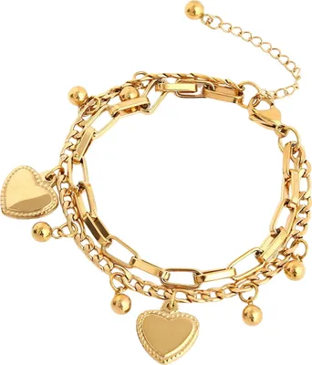 Produktbild von Damen-Armband mit hohler Kette und Herzanhänger, doppellagiger Karabinerverschluss, Titanstahlperle, verstellbare Länge, galvanisierter Handgelenkschmuck