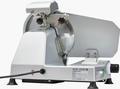 Zdjęcie produktu dla Komercyjna krajalnica do mięsa, elektryczna krajalnica delikatesowa o mocy 320 W z ostrym ostrzem o długości 250 mm, krajalnica do mięsa o prędkości krojenia 450 obr./min, regulowana grubość 0–10 mm, do mrożonego mięsa, szynki, bagietek i steków