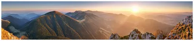 Produktbild von Wallario Küchenrückwand aus Glas, Größe: 250 x 50 cm, Motiv: Berglandschaft mit Sonnenuntergang in der Slowakei | Spritzschutz | abwischbar | pflegeleicht | in
