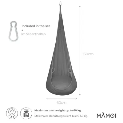 A diagram showing a hanging chair with dimensions and included accessories.