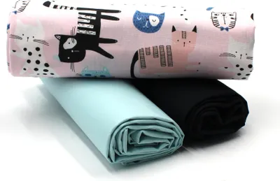 Produktbild von Katzen Set17 Baumwollstoff Druck + 2x Baumwollstoff Uni je 0,5m Stoffpaket DIY Projekt