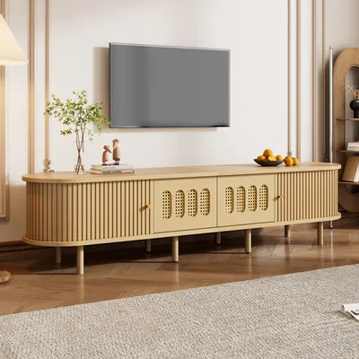 Produktbild von okwish TV-Lowboard im ovalen Rattan-Design, TV-Schrank mit Schubladen und 2 Schranktüren,für Fernseher bis zu 75 Zoll,Natur