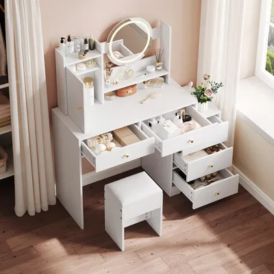Produktbild von okwish Schminktisch mit Hocker Kosmetiktisch mit integrierten Steckdosen und Spiegel,Frisiertisch mit dimmbarer LED-Beleuchtung und 5 Schubladen,Weiß