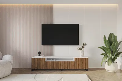 Produktbild von ALTDECOR TV-Schrank NOA-2-S mit Gefrästen Fronten 200x53x41 Lowboard, TV Möbel, TV Cabinet, Fernsehtisch, Fernseher Schrank, TV Kommode, TV Tisch, TV Sideboard, TV Board - Weiß / Katania