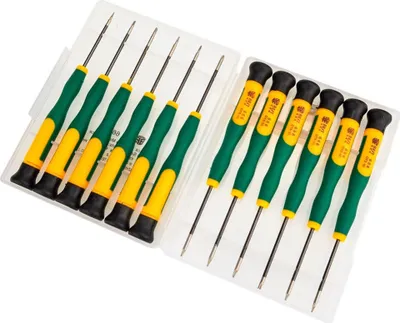 A set of precision screwdrivers laid out in their plastic case.