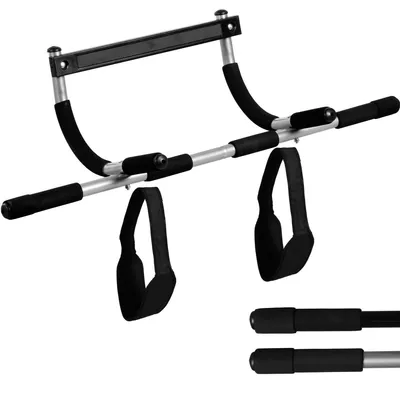 Produktbild von Movit® Klimmzugstange für Türrahmen inkl. Schlaufen, Oberkörpertrainer Ohne Schrauben in Schwarz oder Silber, Türreckstange mit Softgriffen bis 100kg