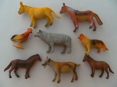 Produktbild von 1 Set Bauernhoftiere 8erSet, Gummitiere Spieltiere Pferd Kuh Schaf Hahn Hund Esel Tier