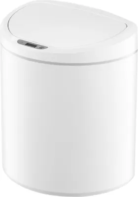 A white sensor trash can is shown against a white background.