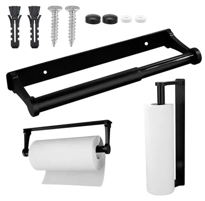 Image de Porte-rouleau de papier essuie-tout sans perçage, porte-rouleau noir, support en alliage d'aluminium pour rouleaux de papier essuie-tout, porte-rouleau de papier toilette adhésif pour la cuisine, la salle de bain, le salon ou les placards