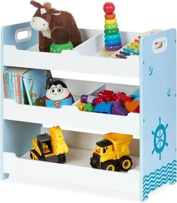 Obrázok produktu pre Detská skrinka s 5 priehradkami – MDF – 60 x 62,5 x 30 cm – malá polička na hračky – biela/modrá