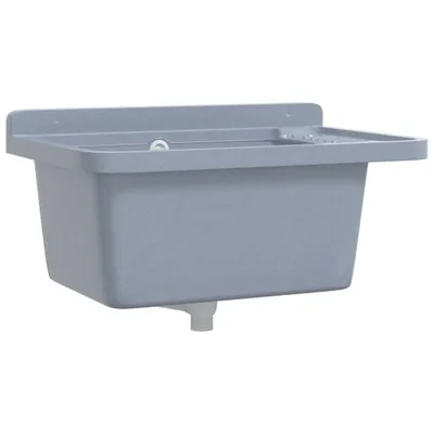 A gray resin sink mounted on a wall against a white background.