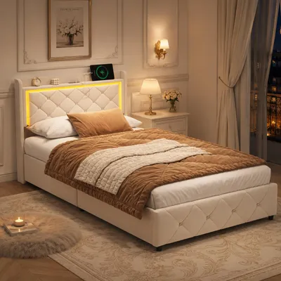 Immagine prodotto di Letto imbottito INONEFT 90x200 cm con LED, prese USB e di tipo C, letto a molle con sistema idraulico e spazio contenitore, letto singolo per giovani con rete a doghe e contenitore, rivestito in velluto color beige, productTiles.product.images.aiGenerated